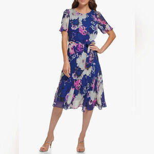 DKNY Women's Floral Print Goddet-Trim Midi Dress Size 12